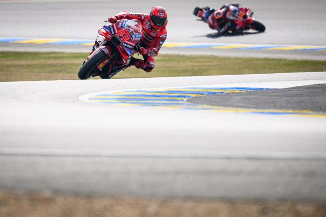 Ducati Lenovo Team's Spanish MotoGP rider Marc Marquez rides during the free practice session of the MotoGP France Grand Prix at Le Mans racetrack, western France, on May 9, 2025. (Photo by Loic VENANCE / AFP)