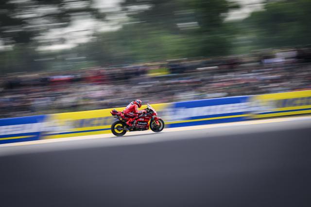 Ducati Lenovo Team's Spanish MotoGP rider Marc Marquez rides during the free practice session of the MotoGP France Grand Prix at Le Mans racetrack, western France, on May 9, 2025. (Photo by Loic VENANCE / AFP)