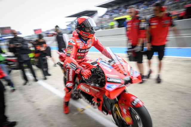 Ducati Lenovo Team's Spanish MotoGP rider Marc Marquez attends the free practice session of the MotoGP France Grand Prix at Le Mans racetrack, western France, on May 9, 2025. (Photo by Loic VENANCE / AFP)