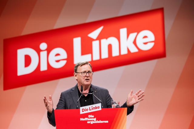Germany's The Left (Die Linke) party politician Bodo Ramelow, one of the new Vice-Presidents of the Bundestag (lower house of parliament), addresses delegates during the two-day federal party congress in Chemnitz, eastern Germany on May 9, 2025. (Photo by JENS SCHLUETER / AFP)