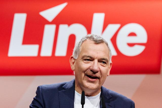 Co-leader of Germany's The Left (Die Linke) party Jan van Aken addresses delegates during the two-day federal party congress in Chemnitz, eastern Germany on May 9, 2025. (Photo by JENS SCHLUETER / AFP)