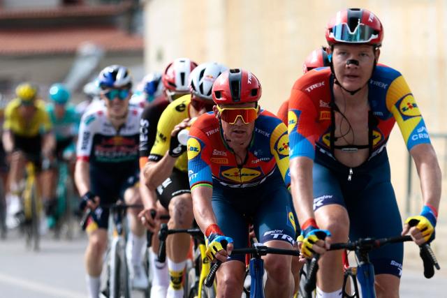 Lidl-Trek's Danish rider Mads Pedersen (C) cycles with the pack of riders during the first stage of the 108th Giro d'Italia cycling race, 160km from Durres to Tirana in Albania, on May 9, 2025. (Photo by Luca Bettini / AFP)