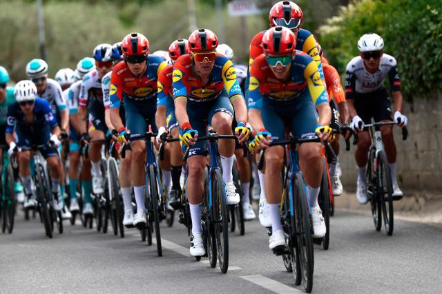 Lidl-Trek's Danish rider Mads Pedersen (C) cycles with the pack of riders during the first stage of the 108th Giro d'Italia cycling race, 160km from Durres to Tirana in Albania, on May 9, 2025. (Photo by Luca Bettini / AFP)