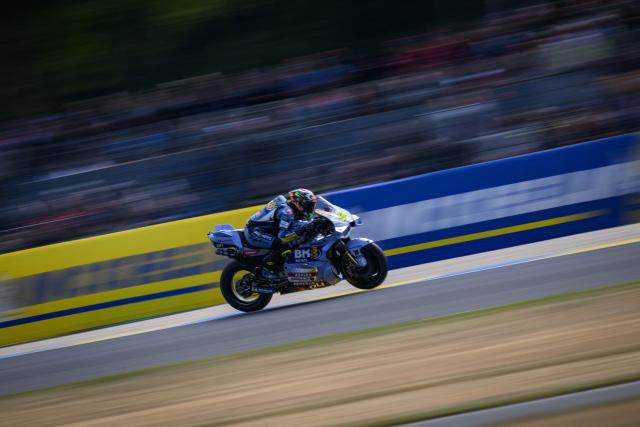 BK8 Gresini Racing MotoGP team's Spanish MotoGP rider Fermin Aldeguer rides during a France Moto GP Grand Prix free practice session at the Le Mans Circuit on May 9, 2025. (Photo by Loic VENANCE / AFP)