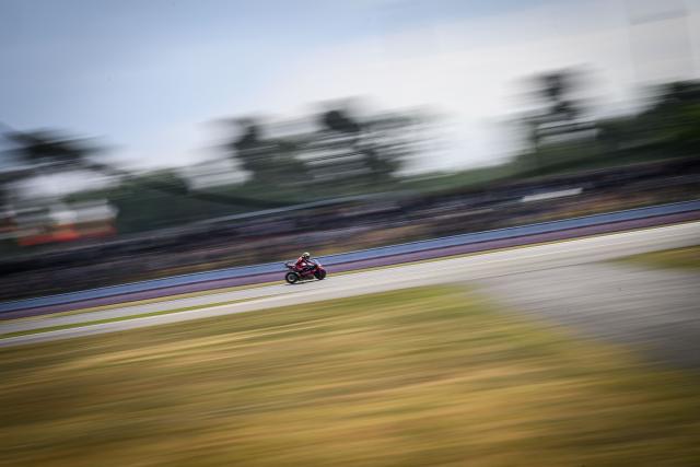 Honda HRC Castrol team's Spanish MotoGP rider Joan Mir takes part in a free practice session of the France Moto GP Grand Prix at the Le Mans Circuit on May 9, 2025. (Photo by Loic VENANCE / AFP)