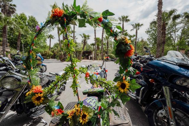 This photograph shows a peace sign displayed and set onto a Harley-Davidson motorcycle during the Harley-Davidson Euro 2025 Festival near Grimaud, southern France, on May 9, 2025. (Photo by Frederic DIDES / AFP)