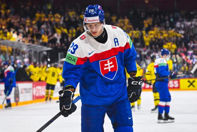 Slovakia’s defender #29 Michal Ivan reacts after Sweden’s 3-0 goal during the IIHF Men's Ice Hockey World Championship match between Sweden and Slovakia in Stockholm, on May 9, 2025. (Photo by Jonathan NACKSTRAND / AFP)
