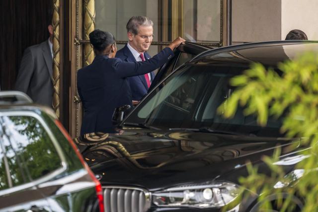 US Secretary of Treasury Scott Bessent leaves his hotel to a meeting with China's officials on tariffs in Geneva, on May 10, 2025. Senior US and Chinese officials are in Switzerland this weekend for talks aimed at de-escalating a burgeoning trade war sparked by President Donald Trump's sweeping tariff rollout, and fueled by strong retaliatory measures from Beijing. (Photo by Fabrice COFFRINI / AFP)
