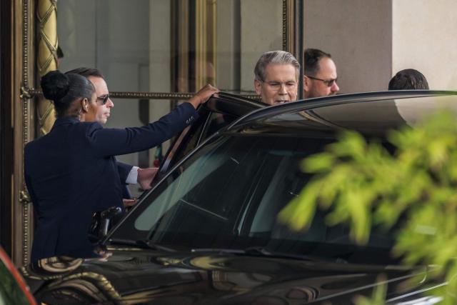 US Secretary of Treasury Scott Bessent leaves his hotel to a meeting with China's officials on tariffs in Geneva, on May 10, 2025. Senior US and Chinese officials are in Switzerland this weekend for talks aimed at de-escalating a burgeoning trade war sparked by President Donald Trump's sweeping tariff rollout, and fueled by strong retaliatory measures from Beijing. (Photo by Fabrice COFFRINI / AFP)