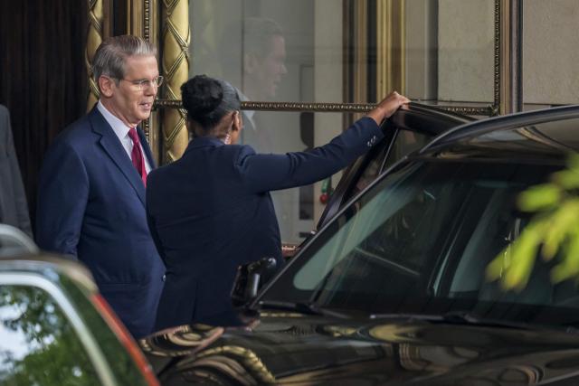 US Secretary of Treasury Scott Bessent leaves his hotel to a meeting with China's officials on tariffs in Geneva, on May 10, 2025. Senior US and Chinese officials are in Switzerland this weekend for talks aimed at de-escalating a burgeoning trade war sparked by President Donald Trump's sweeping tariff rollout, and fueled by strong retaliatory measures from Beijing. (Photo by Fabrice COFFRINI / AFP)