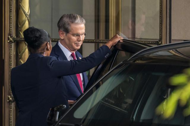 US Secretary of Treasury Scott Bessent leaves his hotel to a meeting with China's officials on tariffs in Geneva, on May 10, 2025. Senior US and Chinese officials are in Switzerland this weekend for talks aimed at de-escalating a burgeoning trade war sparked by President Donald Trump's sweeping tariff rollout, and fueled by strong retaliatory measures from Beijing. (Photo by Fabrice COFFRINI / AFP)