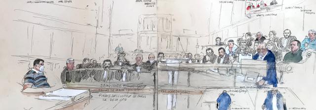 (FILES) This combination of two court sketches made on April 28, 2025 shows (L court sketch) defendants Marc-Alexandre Boyer (L) and Marc Boyer (2nd L) and (R court sketch) defendants Aomar Ait Khedache (C, front), Francois Delaporte (R, up), Florus Heroui (2nd R, up) and Christiane Glotin (4th T, up) during the trial for the 2016 robbery and kidnapping of US celebrity Kim Kardashian at the Assize Court in Paris. At the beginning of October 2016, the queen of influencers Kim Kardashian was robbed in her hotel room at the height of fashion week by elderly thugs who arrived on bicycles and disguised as police officers: the trial of this sensational nine million euro jewellery robbery is ongoing at the Assize Court of Paris, on May 12, 2025. (Photo by Benoit PEYRUCQ / AFP)