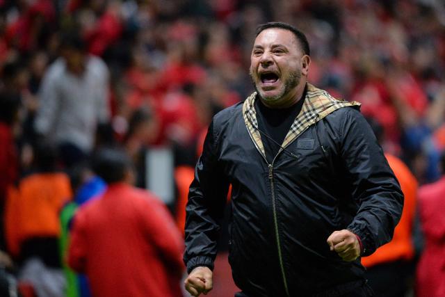 Toluca's Argentinian coach Antonio Mohamed celebrates during the Liga MX Clausura tournament quarter-final second leg football match between Toluca and Monterrey at the Nemesio Diez Stadium in Toluca de Lerdo, State of Mexico, Mexico on May 10, 2025. (Photo by Mario Vazquez / AFP)