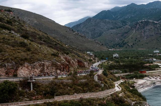 The pack rides during the 3rd stage of the 108th Giro d'Italia cycling race, 160km from Vlore to Vlore in Albania, on May 11, 2025. (Photo by Luca Bettini / AFP)
