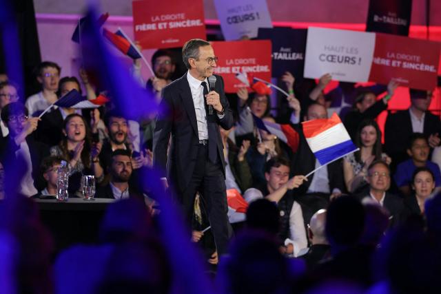 France's Minister of the Interior Bruno Retailleau addresses supporters during his end-of-campaign meeting for the presidency of the French right wing party Les Republicains (LR), in Boulogne-Billancourt, on the outskirts of paris, on May 11, 2025. (Photo by Thomas SAMSON / AFP)