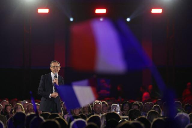 France's Minister of the Interior Bruno Retailleau speaks during his end-of-campaign meeting for the presidency of the French right wing party Les Republicains (LR), in Boulogne-Billancourt, on the outskirts of paris, on May 11, 2025. (Photo by Thomas SAMSON / AFP)