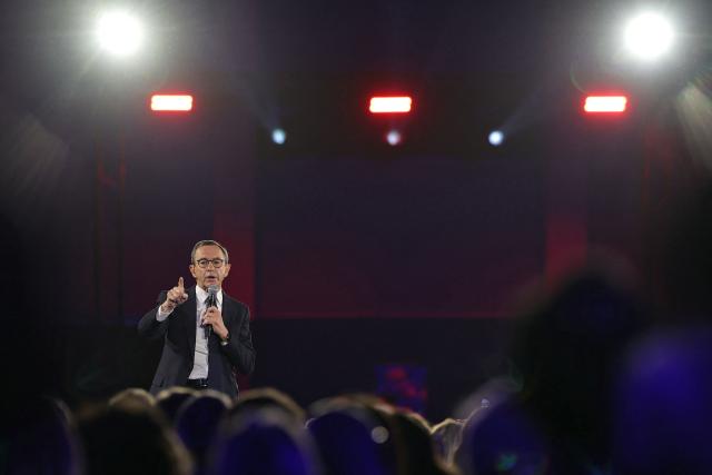 France's Minister of the Interior Bruno Retailleau speaks on the stage during his end-of-campaign meeting for the presidency of the French right wing party Les Republicains (LR), in Boulogne-Billancourt, on the outskirts of paris, on May 11, 2025. (Photo by Thomas SAMSON / AFP)