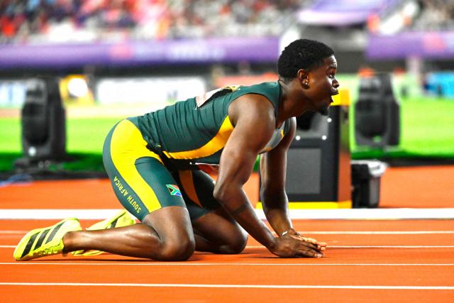 South Africa’s Bradley Nkoana reacts after winning first place in the men’s 4x100m relay final of the World Athletics Relays Guangzhou 25 in Guangzhou, China’s Guangdong province on May 11, 2025. (Photo by WANG Zhao / AFP)