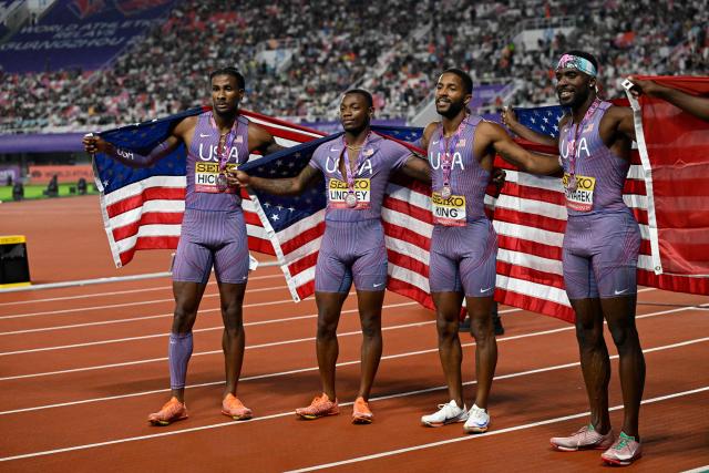 (L-R) US‘s Brandon Hicklin, Courtney Lindsey, Kyree King and Kenneth Bednarek pose for a picture after winning second place in the men’s 4x100m relay final of the World Athletics Relays Guangzhou 25 in Guangzhou, China’s Guangdong province on May 11, 2025. (Photo by WANG Zhao / AFP)