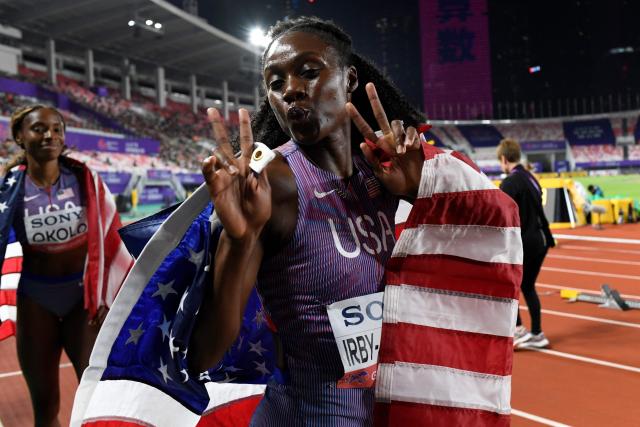US' Lynna Irby Jackson celebrates after winning in the mix's 4x400m relay final of the World Athletics Relays Guangzhou25 in Guangzhou, China’s Guangdong province on May 11, 2025. (Photo by WANG Zhao / AFP)