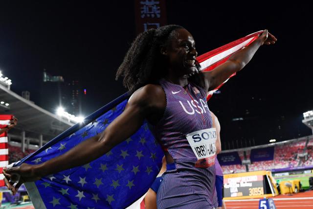US' Lynna Irby Jackson celebrates after winning in the mix's 4x400m relay final of the World Athletics Relays Guangzhou25 in Guangzhou, China’s Guangdong province on May 11, 2025. (Photo by WANG Zhao / AFP)