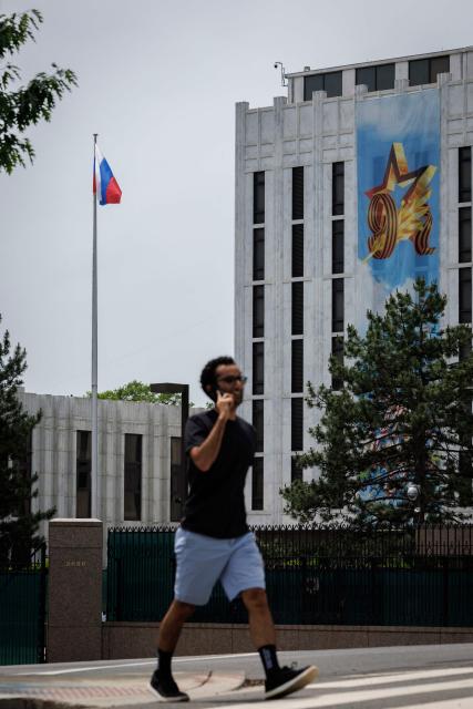 The Russian embassy is seen in Washington, DC, on May 11, 2025. US President Donald Trump called for Ukraine to accept Russia's offer of direct talks in Istanbul, saying a face-to-face meeting would determine whether peace was possible. Ukraine said earlier it was ready to take part in the meeting, but only once Russian President Vladimir Putin accepted a 30-day ceasefire proposed by Kyiv and its allies. (Photo by Ting Shen / AFP)