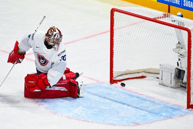 France’s goaltender #30 Antoine Keller fails to save the 1-1 goal during the IIHF Men's Ice Hockey World Championship round 1 group A match between Finland and France in Stockholm, on May 11, 2025. (Photo by Jonathan NACKSTRAND / AFP)