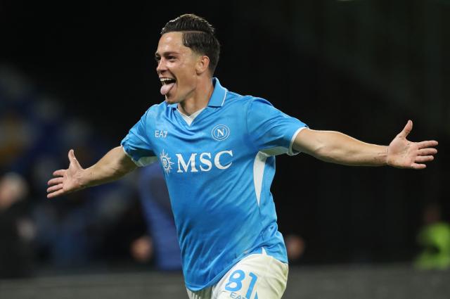 Napoli's Italian forward #81 Giacomo Raspadori celebrates after scoring a goal during the Italian Serie A football match between SSC Napoli and Genoa CFC at the Diego Armando Maradona Stadium in Naples on May 11, 2025. (Photo by CARLO HERMANN / AFP)