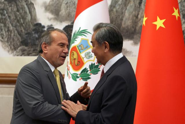 Chinese Foreign Minister Wang Yi (R) and Peru's Foreign Minister Elmer Schialer shake hands before their meeting at the Diaoyutai State Guesthouse in Beijing on May 12, 2025. (Photo by FLORENCE LO / POOL / AFP)