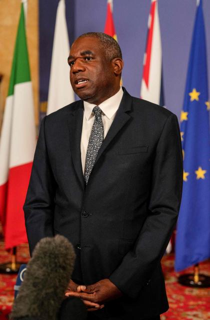 Britain's Foreign Secretary David Lammy speaks to the media as he hosts talks of the "Weimar+" group focused on Ukraine and the future of European security at Lancaster House in London, on May 12, 2025. The UK hosts European ministers for "critical" talks on "repelling Russian aggression", two days after Ukraine's allies demanded that Moscow accept a ceasefire. (Photo by Carlos Jasso / POOL / AFP)
