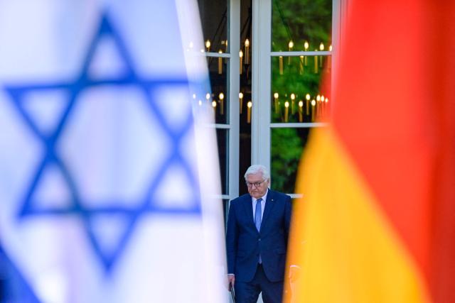 German President Frank-Walter Steinmeier and his Israeli counterpart (not in picture) arrive to deliver a joint press conference after talks at the Presidential Bellevue Palace, on May 12, 2025 in Berlin. Israel's President Isaac Herzog visits Germany to mark the 60th anniversary of diplomatic relations between the two countries. (Photo by John MACDOUGALL / AFP)