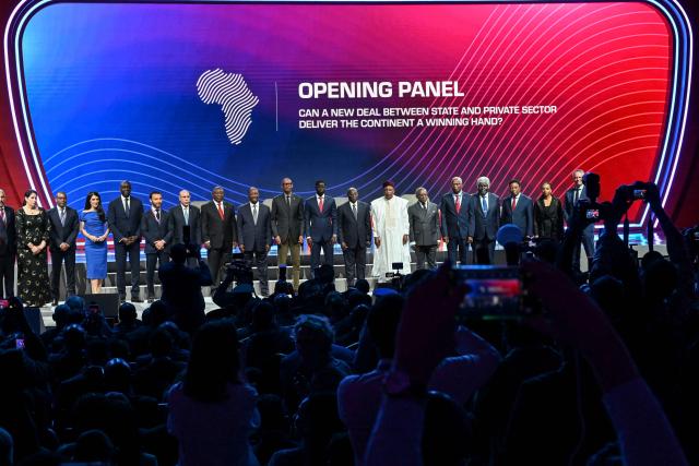 Heads of State and officials pose for a photo during the opening ceremony of the Africa CEO Forum annual summit in Abidjan on May 12, 2025. (Photo by Issouf SANOGO / AFP)