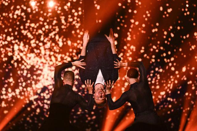 Slovenian singer Klemen representing Slovenia with the song "How Much Time Do We Have Left” performs during the dress rehearsal for the first semi-final at the Eurovision Song Contest 2025 in Basel, on May 12, 2025. (Photo by SEBASTIEN BOZON / AFP)