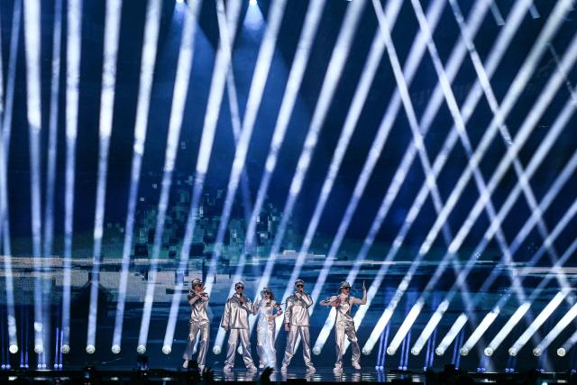 Icelandic duo Vaeb representing Iceland with song "Roa" performs during the dress rehearsal for the first semi-final at the Eurovision Song Contest 2025 in Basel, on May 12, 2025. (Photo by SEBASTIEN BOZON / AFP)