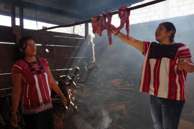 Tseltal Indigenous women prepare smoked beef for preservation due to a lack of refrigerators in the municipality of Oxchuc, Chiapas State, Mexico, on May 7, 2025. Peering through a microscope, food scientist Raquel Gomez studies microorganisms that add nutrients and help to preserve tortillas for longer without refrigerators that are a luxury in impoverished Mexican communities. (Photo by Raul VERA / AFP)