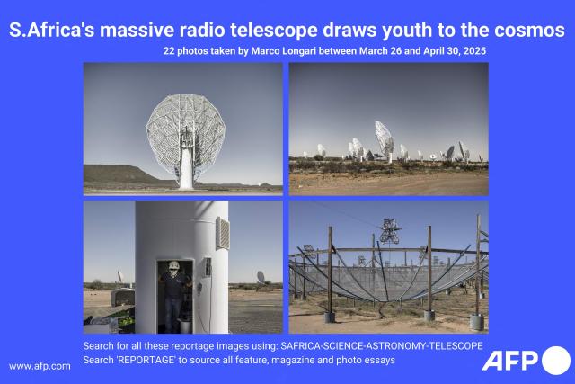 AFP presents a reportage of 22 pictures taken by photographer Marco Longari taken of the  MeerKAT telescope at MeerKAT National Park, Cape Town and Hartebeeshoek between March 26 and April 30, 2025. 
The MeerKAT telescope is an array of 64 interlinked receptors, a complete antenna structure, with the main reflector, sub-reflector and all receivers, digitisers and other electronics installed. MeerKAT, originally the Karoo Array Telescope, is a radio telescope consisting of 64 antennas in the Meerkat National Park, in the Northern Cape of South Africa. MeerKAT was launched in 2018 and is located inside a radio quiet zone within the park. Along with the Hydrogen Epoch of Reionization Array (HERA), also in South Africa, and two radio telescopes in Western Australia, the Australian SKA Pathfinder (ASKAP) and the Murchison Widefield Array (MWA), the MeerKAT is one of four precursors to the final SKA.. Search all these reportage images using: SAFRICA-SCIENCE-ASTRONOMY-TELESCOPE
Search "REPORTAGE" to source all feature, magazine and photo essays. (Photo by MARCO LONGARI / AFP)