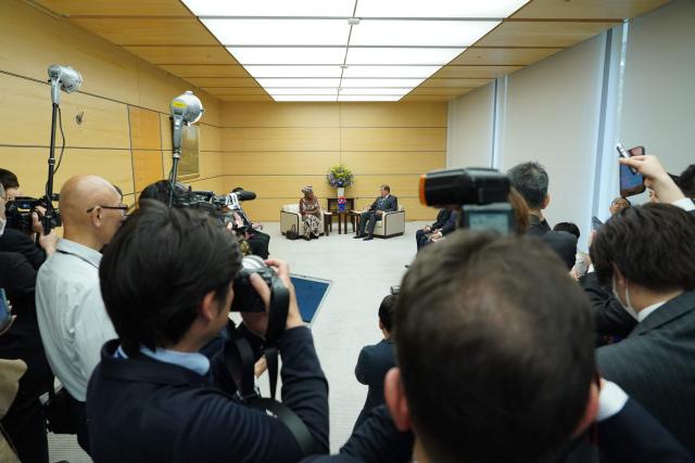 World Trade Organization (WTO) Director-General Ngozi Okonjo-Iweala (L) meets with Japan's Prime Minister Shigeru Ishiba at the latter's office in Tokyo on May 13, 2025. (Photo by Kazuhiro NOGI / POOL / AFP)