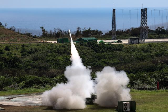 A Taiwanese Sky Sword II missile is launched during a live-fire test at the Jiupeng base in Pingtung on May 13, 2025. (Photo by I-HWA CHENG / AFP)