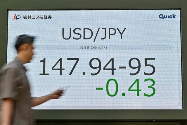 A pedestrian walks past an electronic board showing the foreign exchange rate of the US dollar against the Japanese yen, during morning trading on the Tokyo Stock Exchange along a street in central Tokyo on May 13, 2025. (Photo by Richard A. Brooks / AFP)