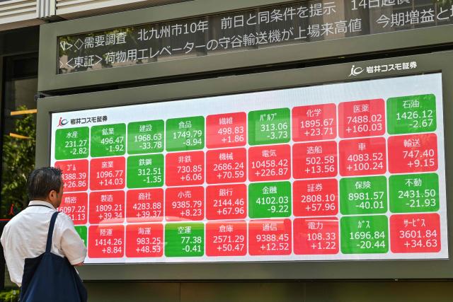 A man looks at an electronic board showing share prices during morning trading on the Tokyo Stock Exchange along a street in central Tokyo on May 13, 2025. (Photo by Richard A. Brooks / AFP)