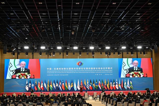 Brazil’s President Luiz Inacio Lula da Silva speaks during the opening ceremony of the Fourth Ministerial Meeting of the Forum of China and Community of Latin American and Caribbean States (CELAC) in Beijing on May 13, 2025. (Photo by Pedro PARDO / AFP)