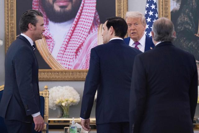 (From L) US Secretary of Defense Pete Hegseth, US Secretary of State Marco Rubio, US President Donald Trump and and US Secretary of Commerce Howard Lutnick arrive for a meeting with the Saudi Crown Prince in Riyadh on May 13, 2025. (Photo by Brendan Smialowski / AFP)