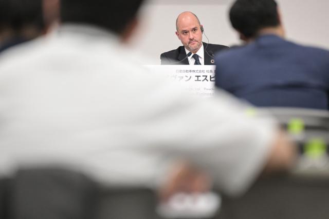 Ivan Espinosa, CEO of Japanese automaker Nissan, attends a press conference to announce the company's fiscal 2024 full-year results, at their headquarters in the city of Yokohama, Kanagawa prefecture on May 13, 2025. (Photo by Richard A. Brooks / AFP)