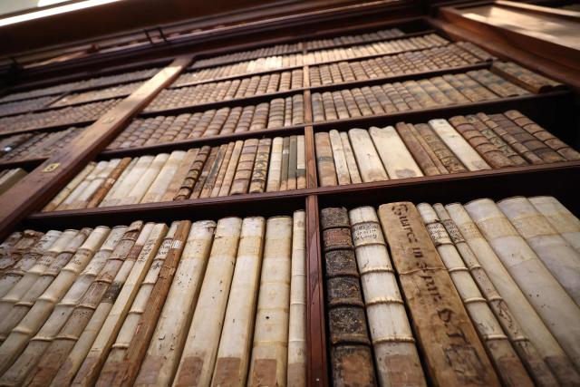 This photograph shows books in the renovated Fesch municipal library during its re-opening inauguration in Ajaccio on the French Mediterranean island of Corsica, on May 13, 2025. (Photo by Pascal POCHARD-CASABIANCA / AFP)