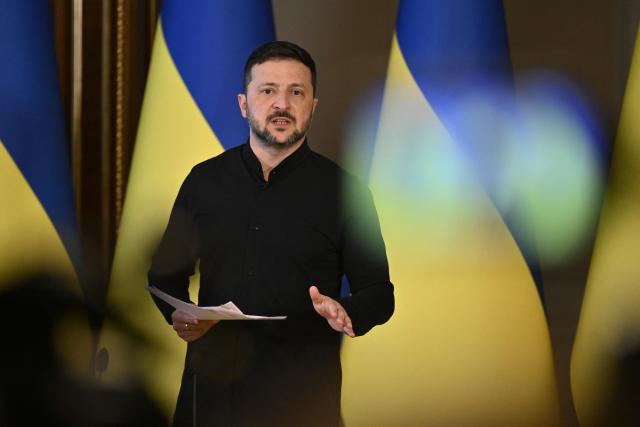 Ukraine's President Volodymyr Zelensky holds a press conference in Kyiv on May 13, 2025, amid the Russian invasion of Ukraine. Zelensky urged the United States to levy its most hard-hitting package of sanctions on Moscow if Russian President rejects a call to meet in Turkey this week. (Photo by Genya SAVILOV / AFP)