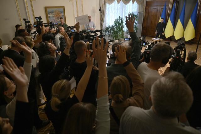 Ukraine's President Volodymyr Zelensky holds a press conference in Kyiv on May 13, 2025, amid the Russian invasion of Ukraine. Zelensky urged the United States to levy its most hard-hitting package of sanctions on Moscow if Russian President rejects a call to meet in Turkey this week. (Photo by Genya SAVILOV / AFP)