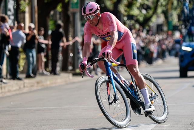 Lidl-Trek's Danish rider Mads Pedersen wearing the overall leader's pink jersey (Maglia Rosa) rides during the 4th stage of the 108th Giro d'Italia cycling race 189kms from Alberobello to Lecce on May 13, 2025. (Photo by Luca Bettini / AFP)