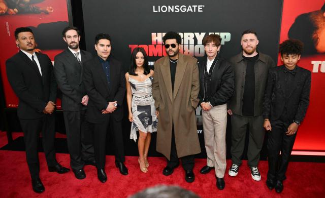 (L/R) Director Austin Kane Anderson, producer Harrison Kreiss, actors Jenna Ortega, Abel Makkonen Tesfaye aka The Weeknd, Barry Keoghan and director Trey Edward Shults attend the world premiere of Lionsgate's "Hurry Up Tomorrow" in New York, May 13, 2025. (Photo by ANGELA WEISS / AFP)