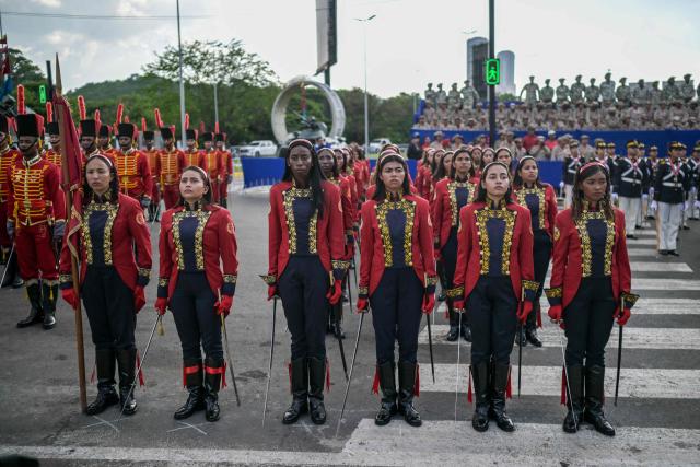 Member's of the Venezuelan Army take part in a military parade during the Inauguration of Victory Square, commemorating the 80th anniversary of the Soviet Union's victory over Nazi Germany in World War Two (WWII), in Caracas on May, 13, 2025. (Photo by Juan BARRETO / AFP)