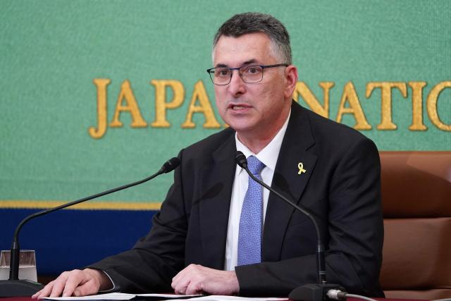 Israel's Foreign Minister Gideon Sa'ar speaks during a press conference at the Japan National Press Club in Tokyo on May 14, 2025. (Photo by Kazuhiro NOGI / AFP)